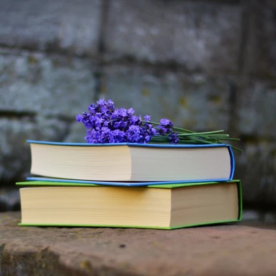 Livros elegantes com acentos de lavanda em uma superfície texturizada