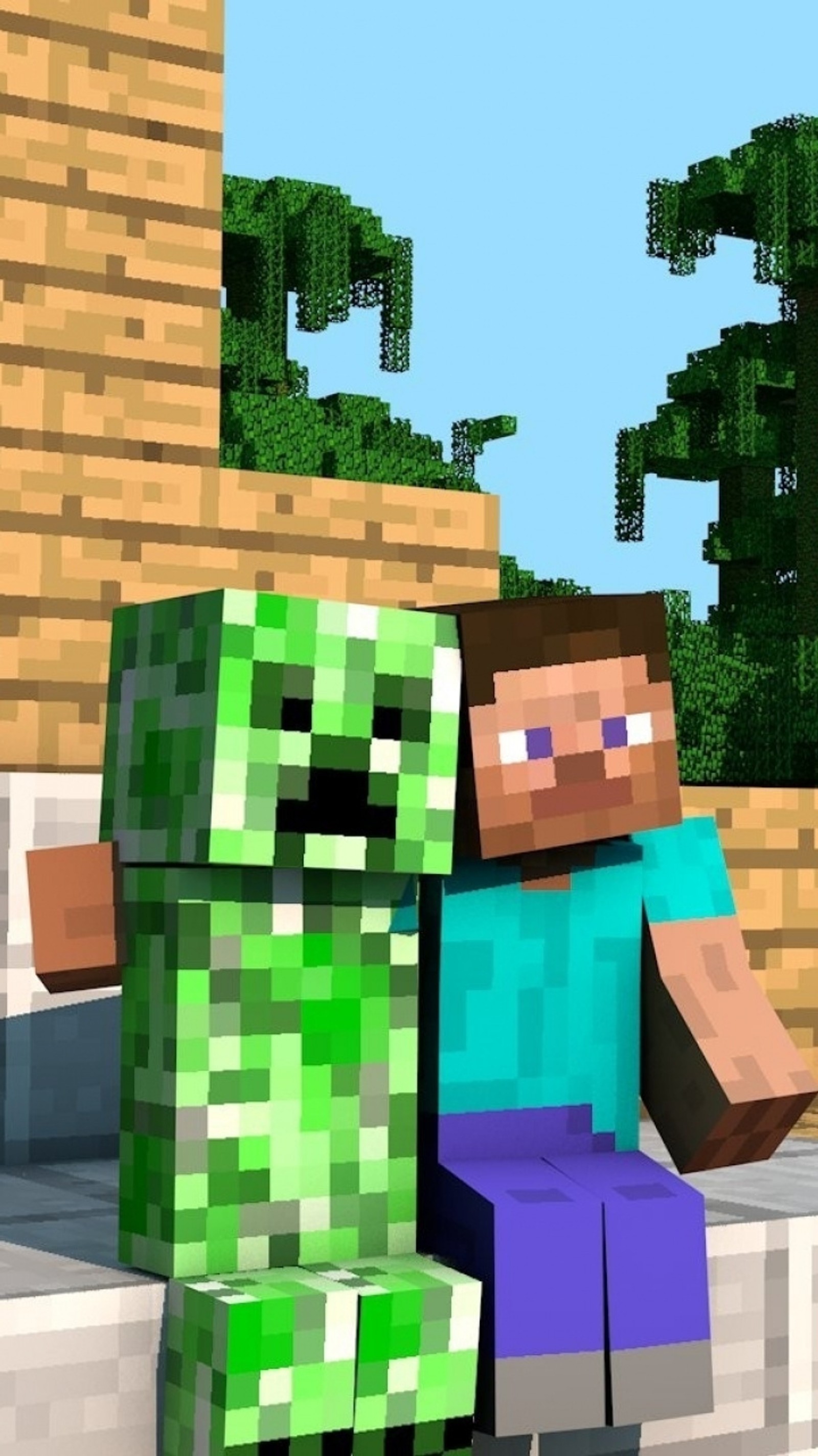 Монстры minecraft сидят на выступе (minecraft, стив, steve, крипер, creeper)