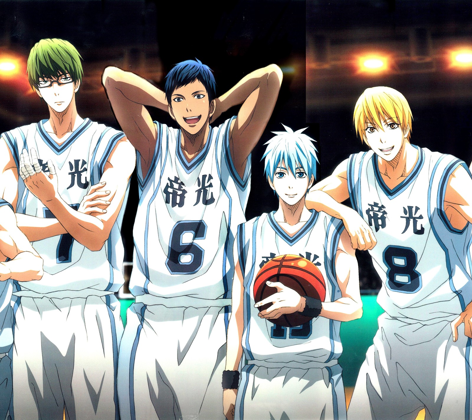 Anime characters in uniforms holding basketball balls in front of a crowd (akashi seijuurou, anime, aomine daiki, comedy, kise ryouta)