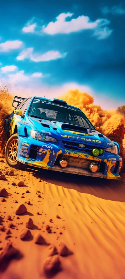 Carro de Rally Subaru Impreza avança através de terreno arenoso em evento do Campeonato Mundial de Rally