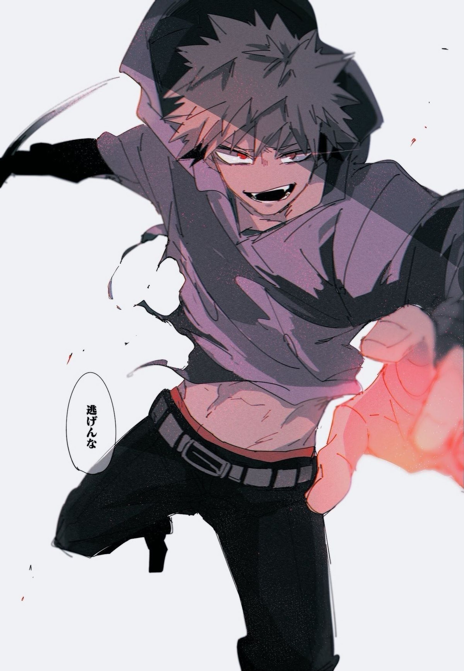 Personaje de anime con una espada en la mano y una llama rosa en la mano (bakugou, bnha, katsuki, mha)