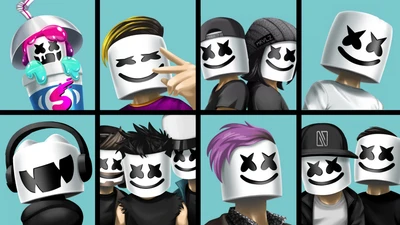 Colagem criativa de personagens inspirados no Marshmello no estilo Roblox