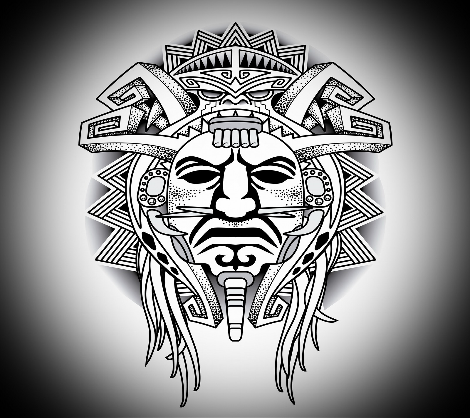 A black and white drawing of a native american mask (mask, warrior)