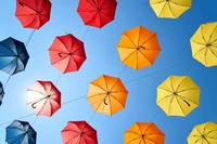 umbrellas, blue sky, colorful, sky view, multicolor wallpaper