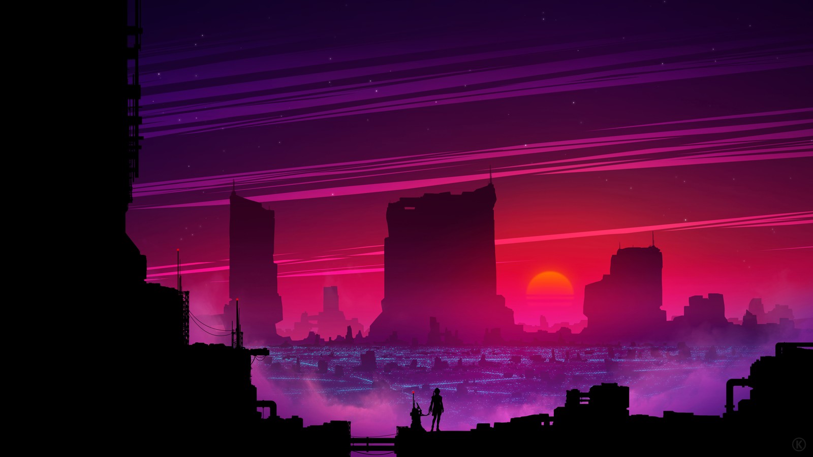 Eine aussicht auf die stadtsilhouette mit einem sonnenuntergang im hintergrund (sci fi, landschaft, sonnenuntergang, digitale kunst)