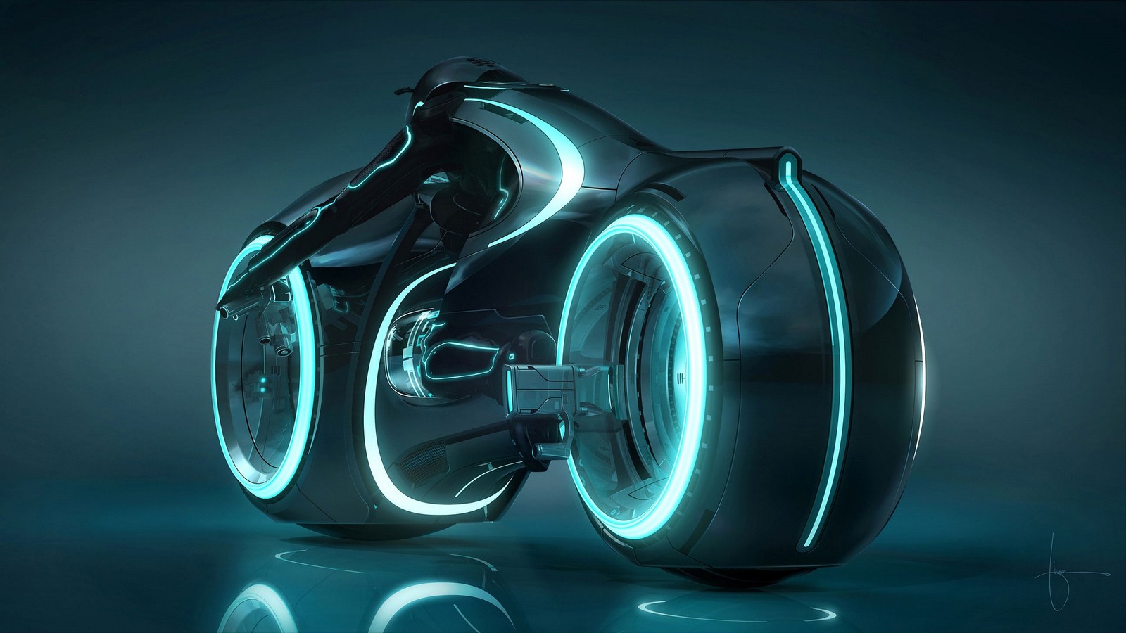 A close up of a motorcycle with a glowing wheel on a reflective surface (creative arts, light, film, concept art, design)