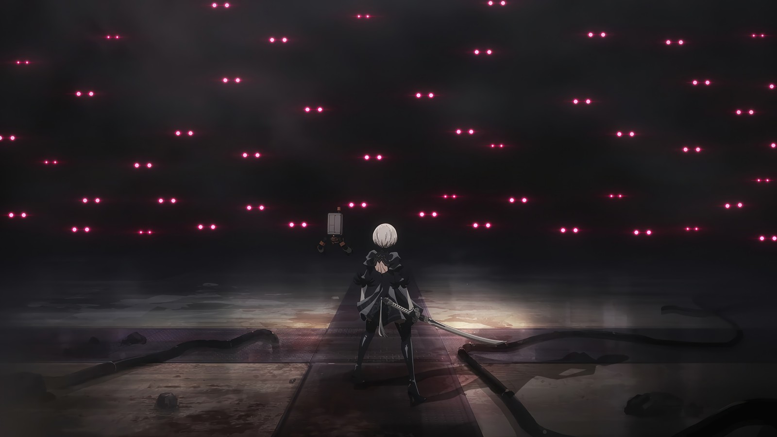 Una mujer en un vestido negro de pie en un escenario con luces rojas (nier automata ver11a, nierautomata ver11a, anime, yorha 2b, yorha tipo a no2)