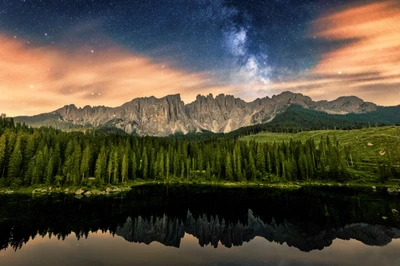 Serenidad estrellada sobre el Lago di Carezza en los Dolomitas