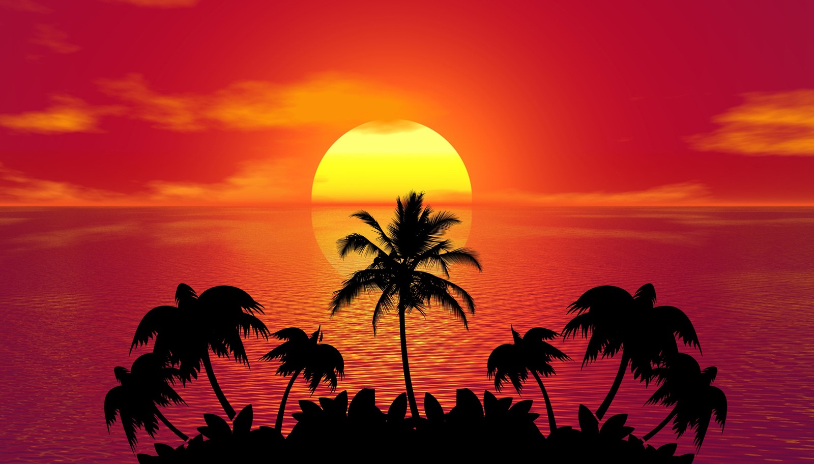 A sunset with palm trees and a boat in the water (sunset, afterglow, palm tree, sunrise, silhouette)