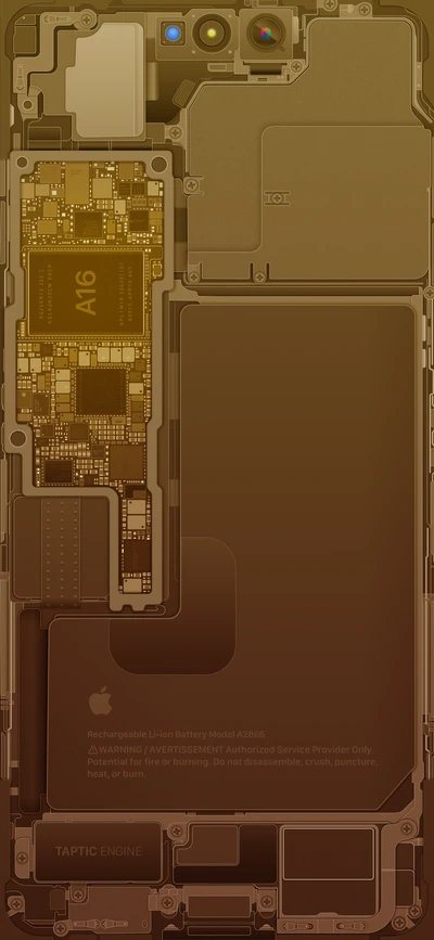 Schematische Darstellung des iPhone 14 Pro mit A16-Chip und internen Komponenten