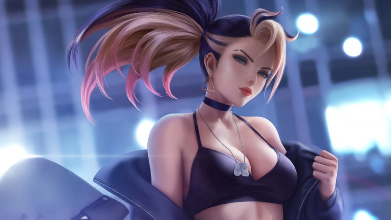 Женщина с длинными волосами и черным топом позирует (league of legends, lol, видеоигра, kda, акали)