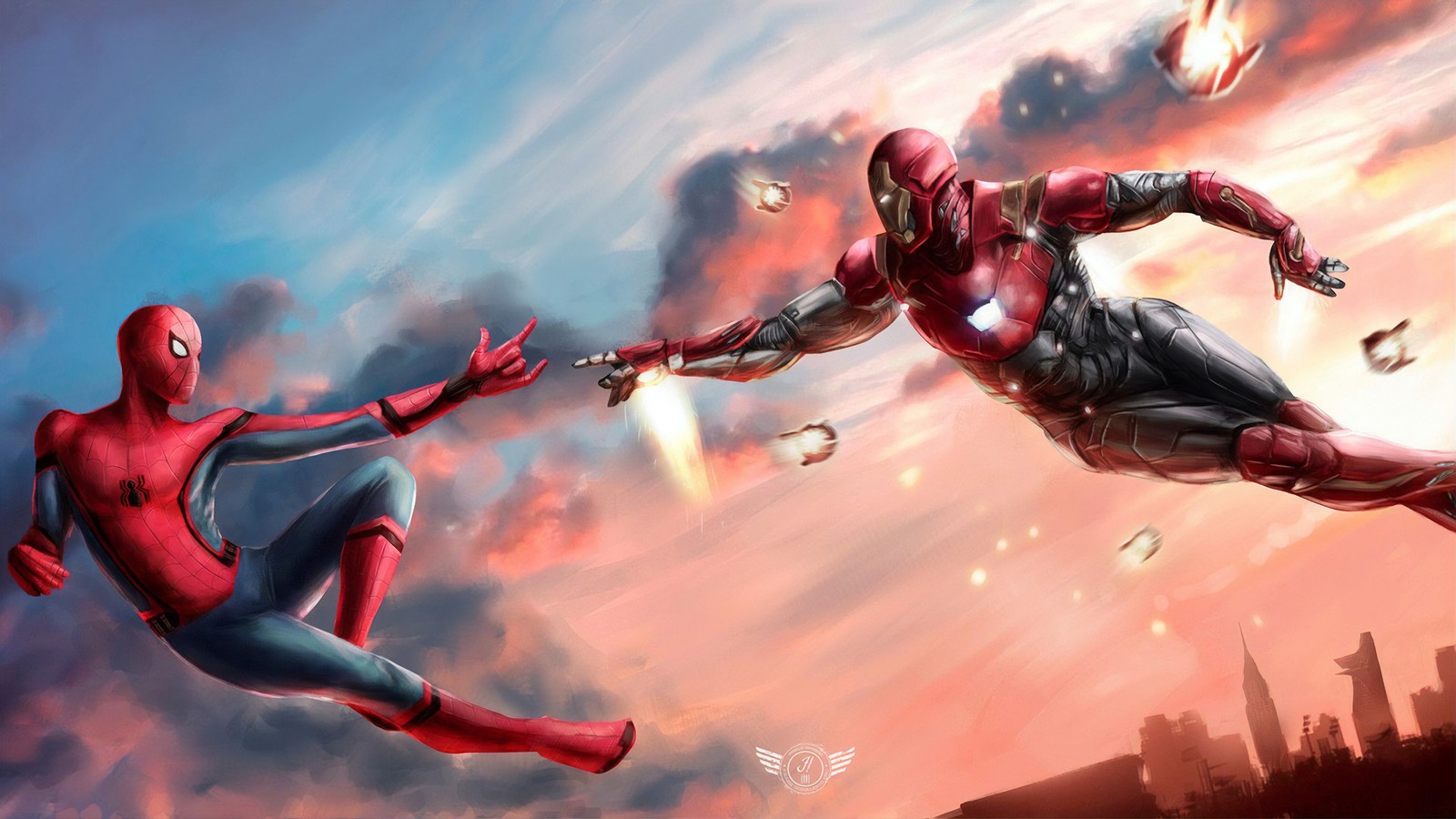 Una pintura de dos superhéroes luchando sobre una ciudad (spider man)