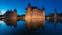 Reflexão majestosa do castelo de água à noite