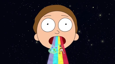 Morty Smith expeli um arco-íris vibrante e personagens de sua boca contra um fundo estrelado.