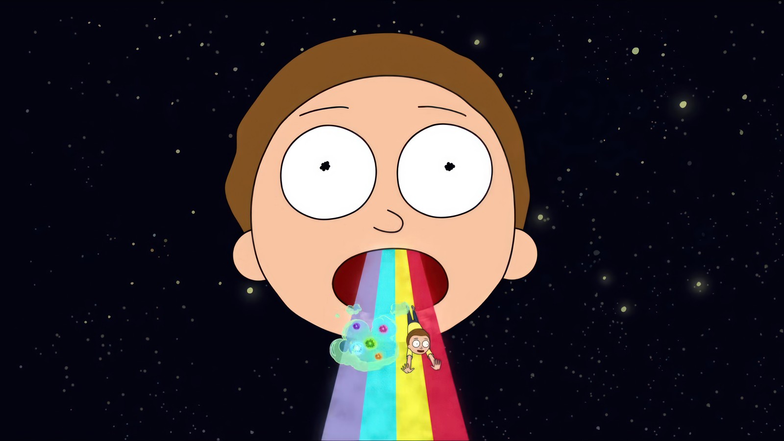 A cartoon of a man with a rainbow coming out of his mouth (morty smith, rick and morty, tv series, cartoon)