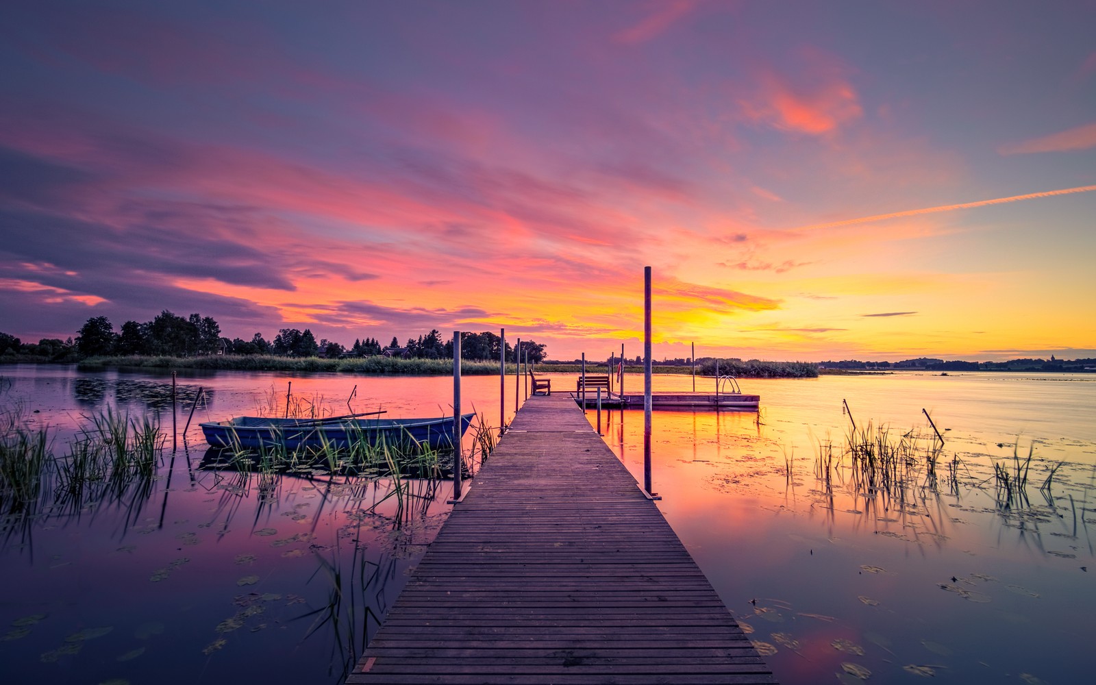 Lade sonnenuntergang, schweden, see, dämmerung, wooden jetty Hintergrund herunter