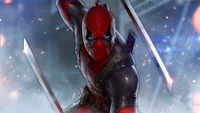 Dynamischer Deadpool bereit für Action mit zwei Katanas, der seinen ikonischen rot-schwarzen Anzug zeigt.