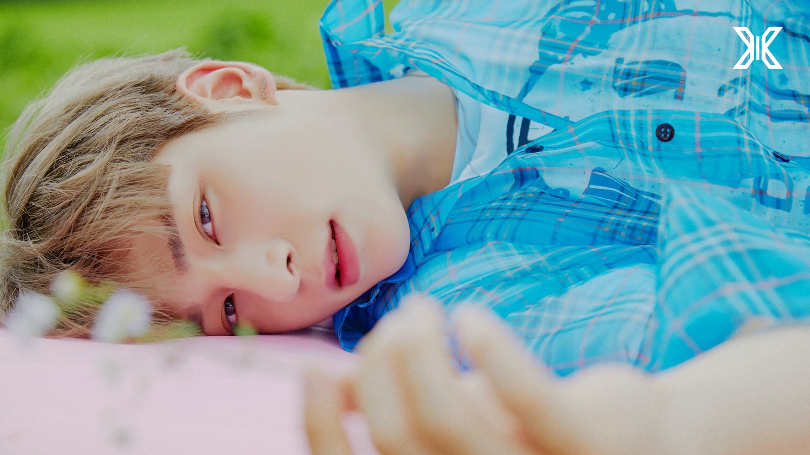 Un jeune garçon allongé sur une couverture rose dans l'herbe (x1 k pop, x1 kpop, kpop, hangyul, lee han gyul)