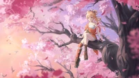 Yoimiya under Cherry Blossoms in Genshin Impact Art