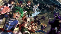 Cena de batalha dinâmica com personagens icônicos de My Hero Academia