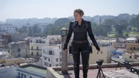 Yelena Belova in a rooftop scene from the 2021 Black Widow movie.