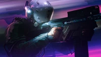 Futuristischer Soldat im Cyberpunk-Kampf mit verbessertem Gear