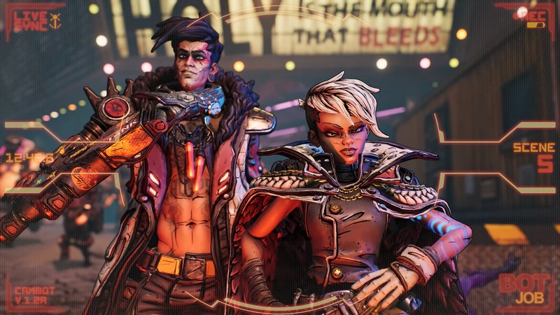 Пара людей стоит рядом друг с другом на улице (borderlands 3, видеоигра, калипсо близнецы, трой калипсо, troy calypso)