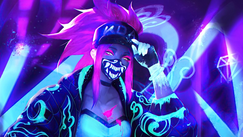 Крупный план человека с розовыми волосами и маской (kda, акали, akali, неон, league of legends)