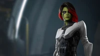 Gamora de los Guardianes de la Galaxia de Marvel en un entorno de videojuego dinámico.