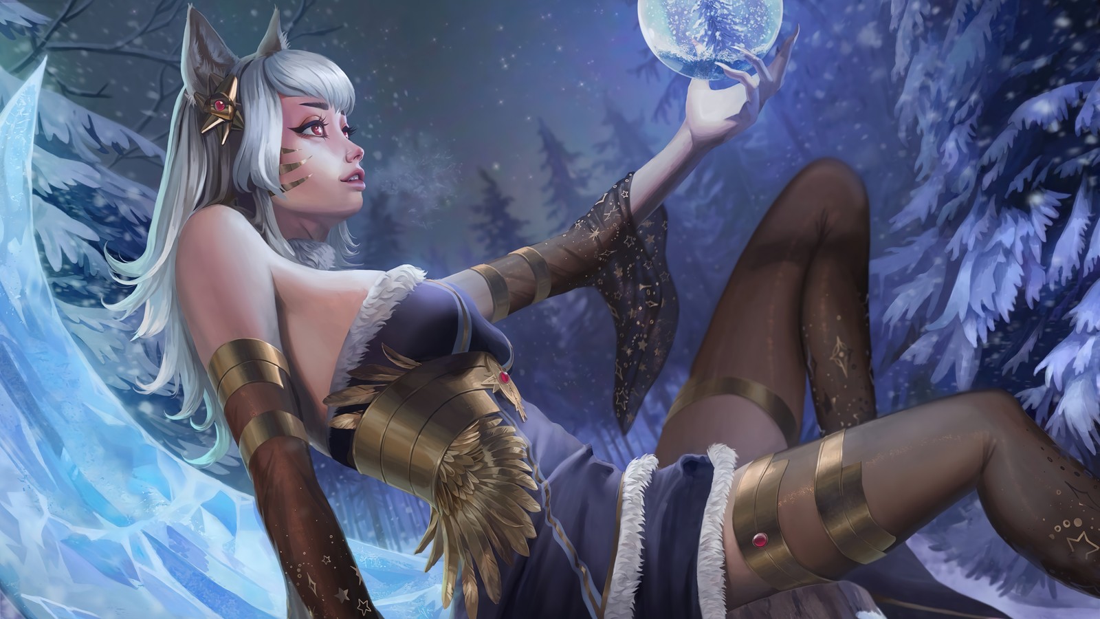 A woman in a dress holding a crystal ball in her hand (ahri, league of legends, lol, video game, art)