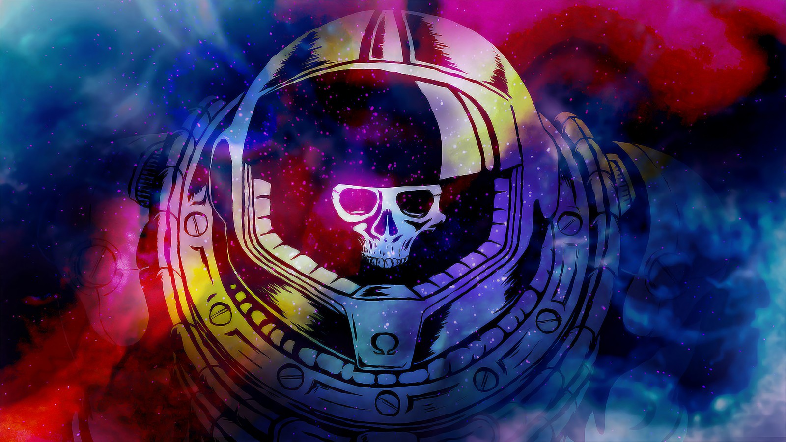 A close up of a skull in a space helmet with a colorful background (space marine, skull, digital art, sci fi)