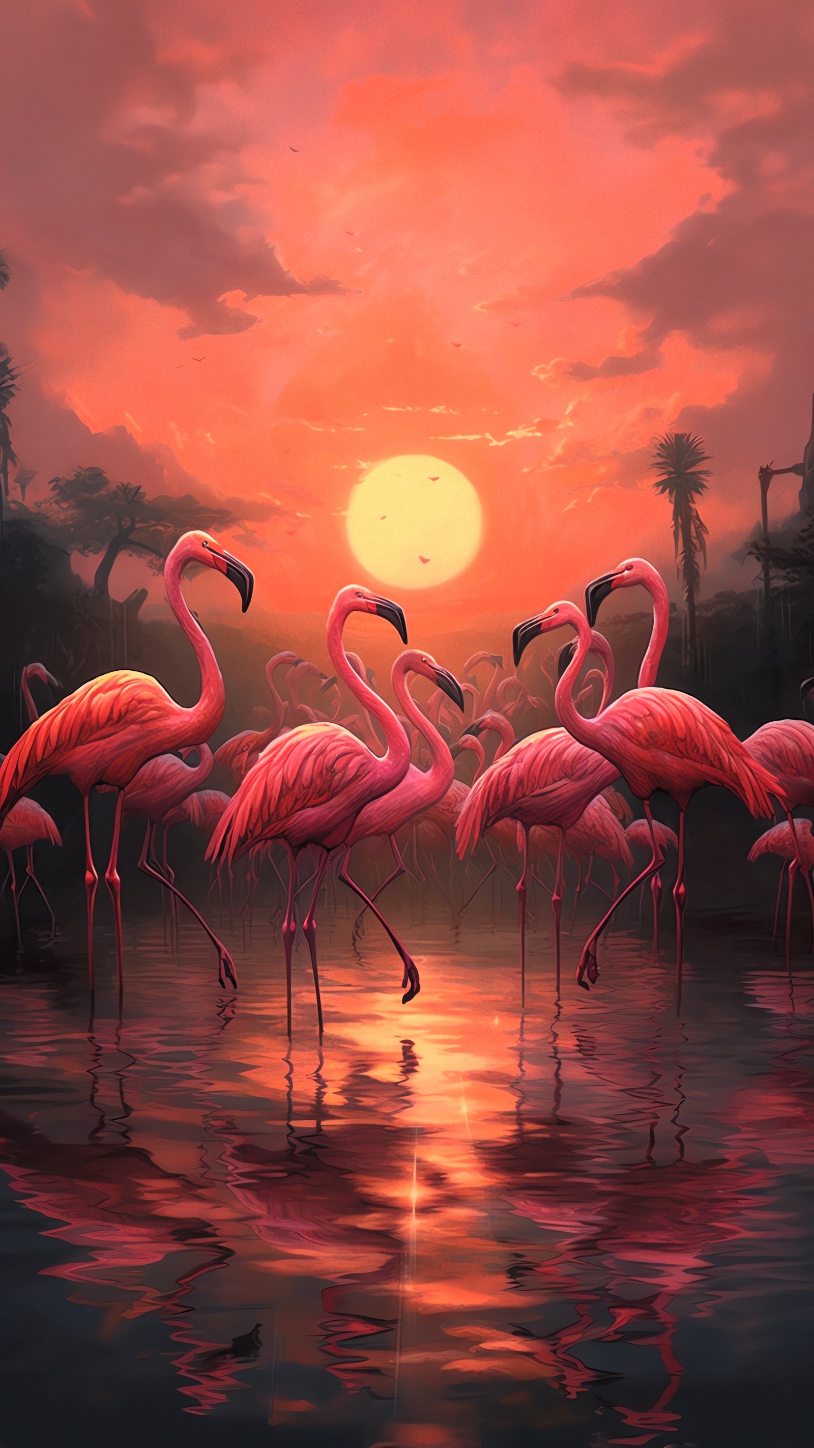 Flamingos are standing in the water at sunset with a setting sun (greater flamingo, sunset, intelligence, bird, water)