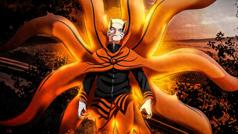 Приближенный план персонажа мультфильма с огнем на голове (naruto uzumaki, аниме, anime, режим бариона)