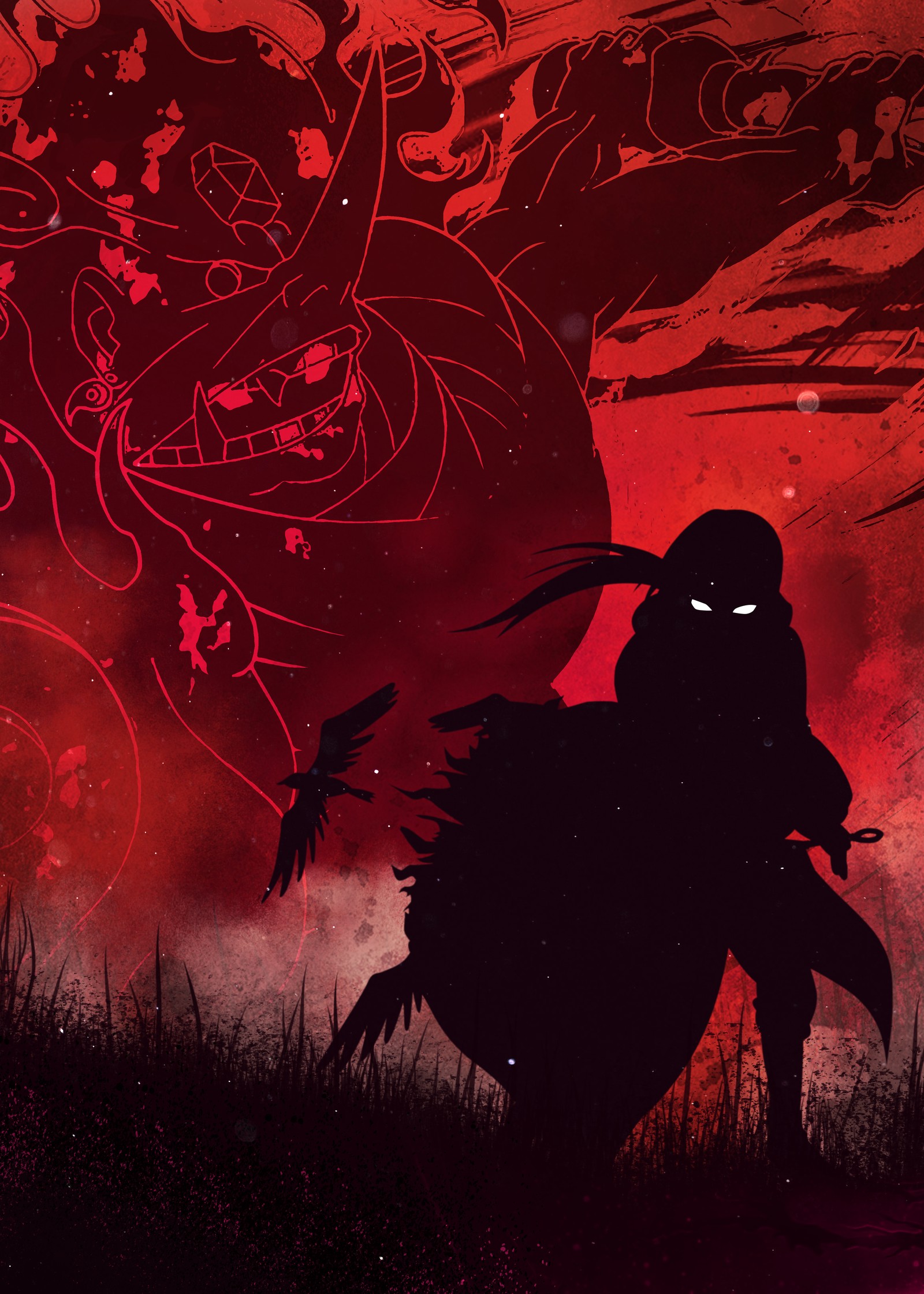 Anime style illustration of a man with a sword and a demon (itachi uchiha, silhouette, naruto, ninja, illustration)