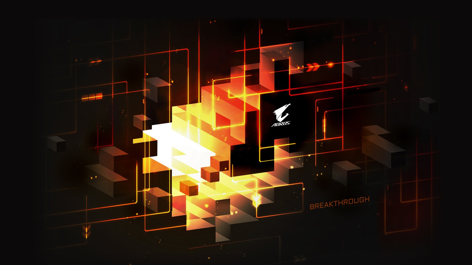 Eine nahaufnahme eines computerbildschirms mit einem leuchtenden würfel. (aorus, logo, hintergrund, gigabyte, digitale kunst)