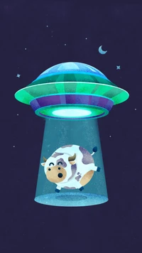 Whimsical Cow Abduction in Cosmic Colors