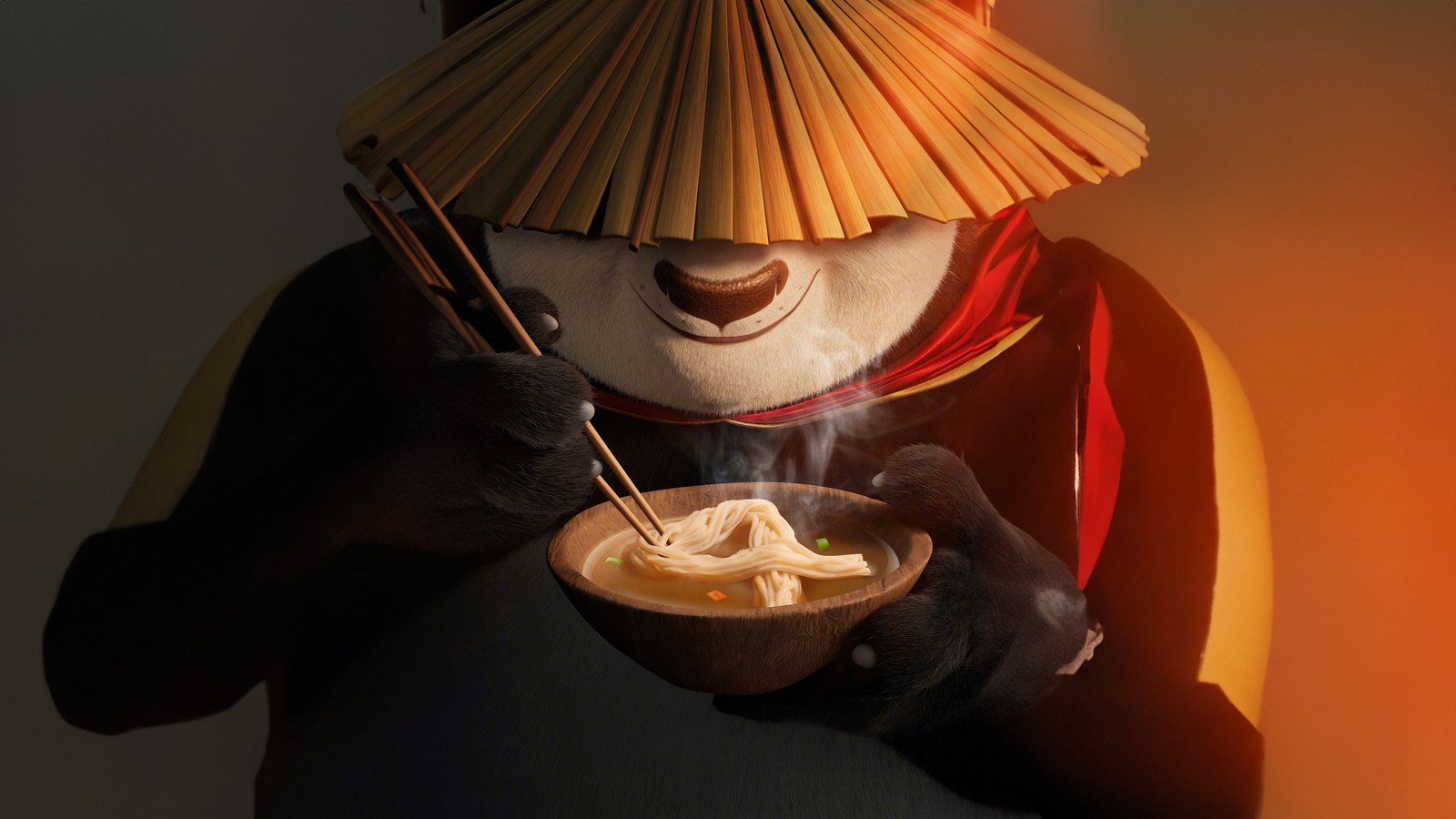 Una panda arafed comiendo fideos con palillos y un sombrero de paja (po kung fu panda, kung fu panda 4, películas de animación, películas de 2024, películas)