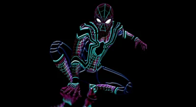 Neon Spider-Man in Dynamic Pose on Black Background