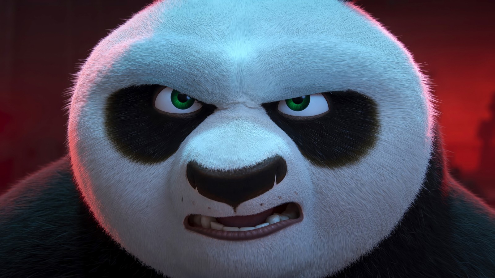 Nahaufnahme eines pandabären mit grünen augen und rotem hintergrund (po, kung fu panda 4, film)