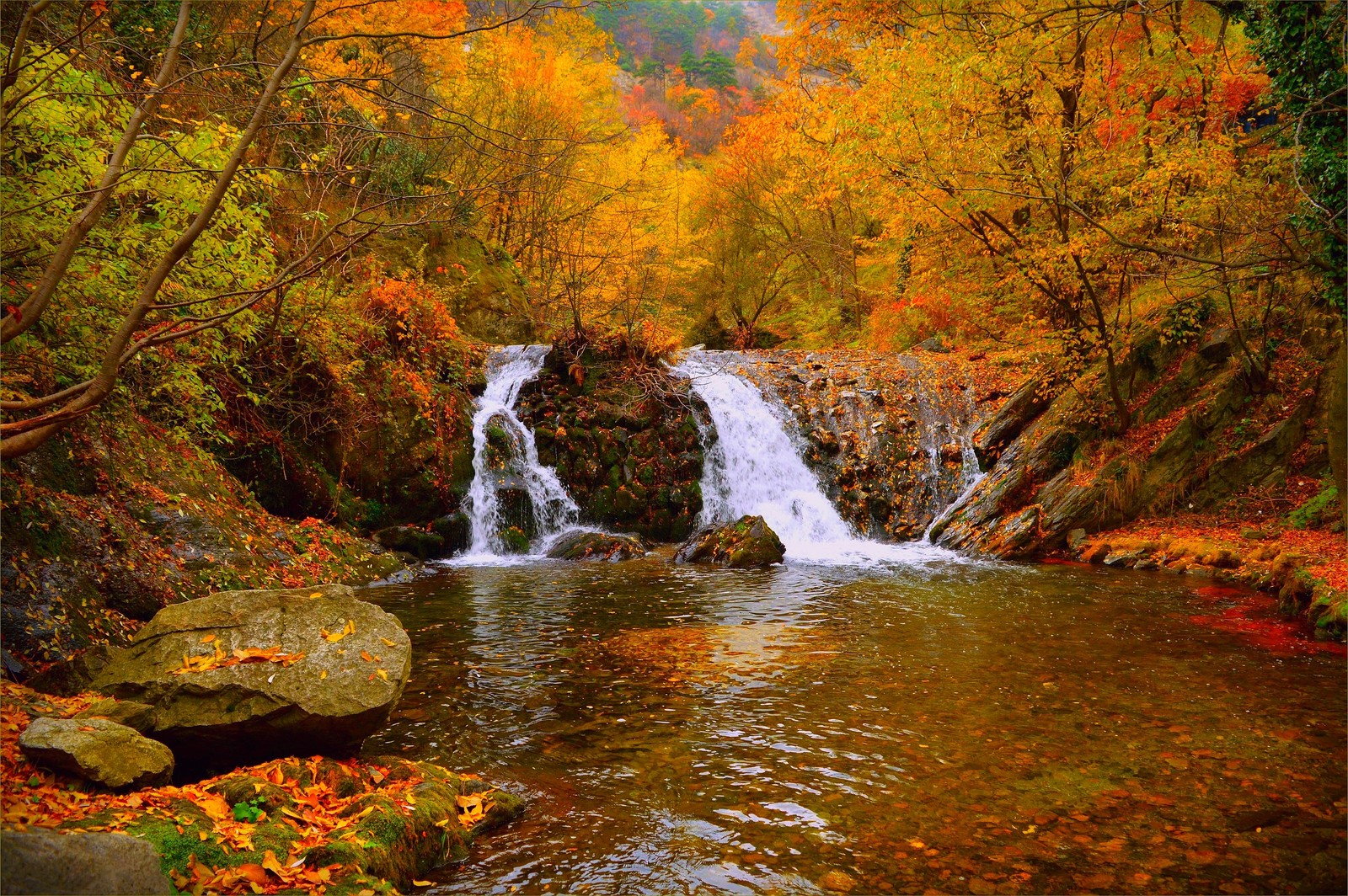 Una cascada en medio de un bosque con follaje de otoño (otoño, cuerpo de agua, naturaleza, cascada, arroyo)