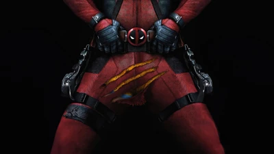 O traje icônico do Deadpool com marcas de garras do Wolverine