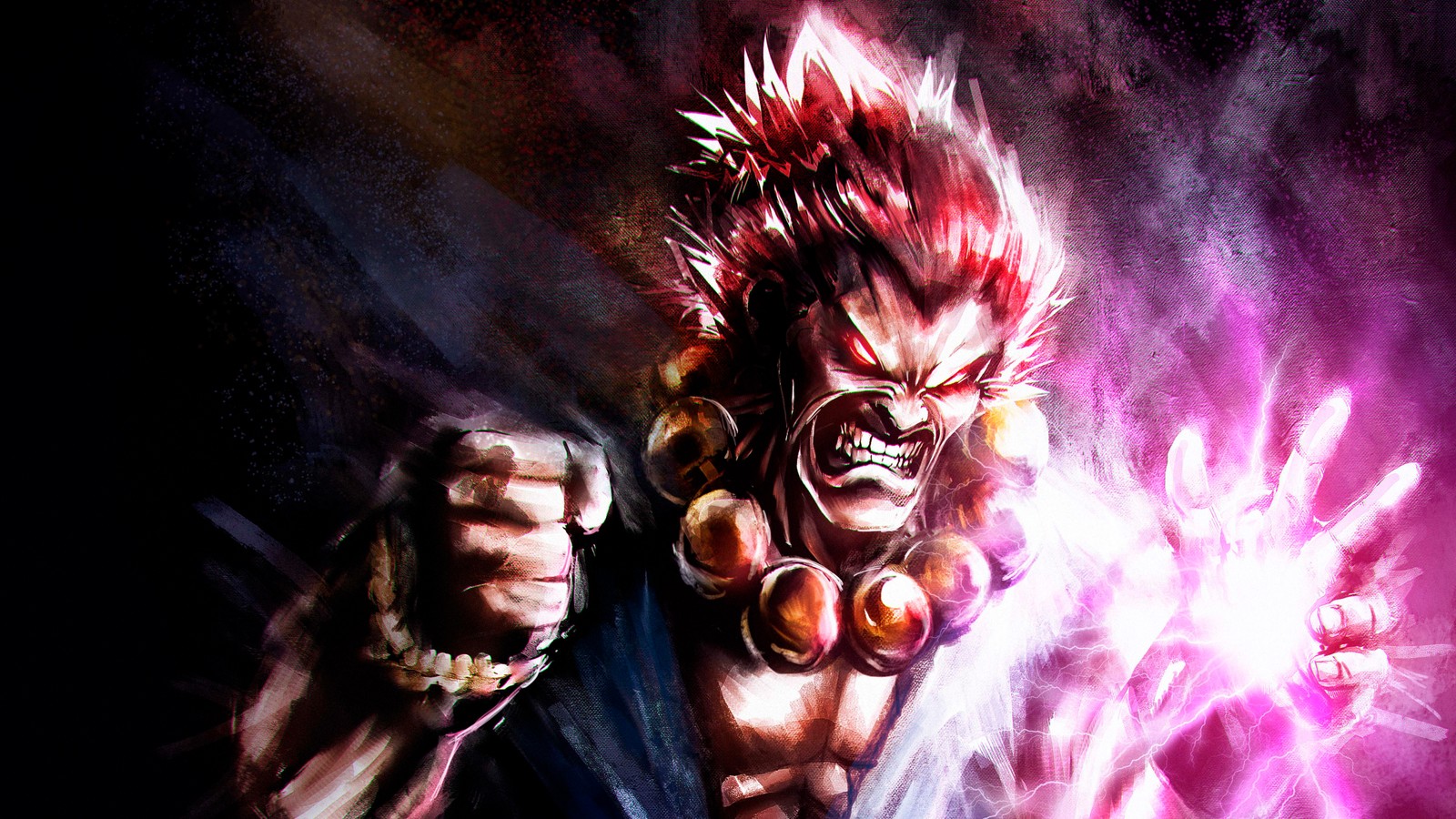 Pintura de un hombre con cabello rojo y una máscara sosteniendo una luz morada (esports, demonio, ficción, super street fighter iv, juego de lucha)