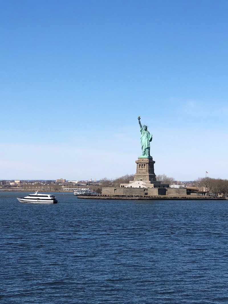 Лодка с жирафом в воде рядом со статуей свободы (нью йорк, new york city, статуя свободы, национальный памятник статуи свободы, паром)