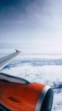 Motor de avión y ala sobre el horizonte nublado