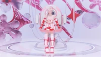 Aespa's Winter in a futuristic setting, showcasing a vibrant and playful outfit with bold red and white colors.