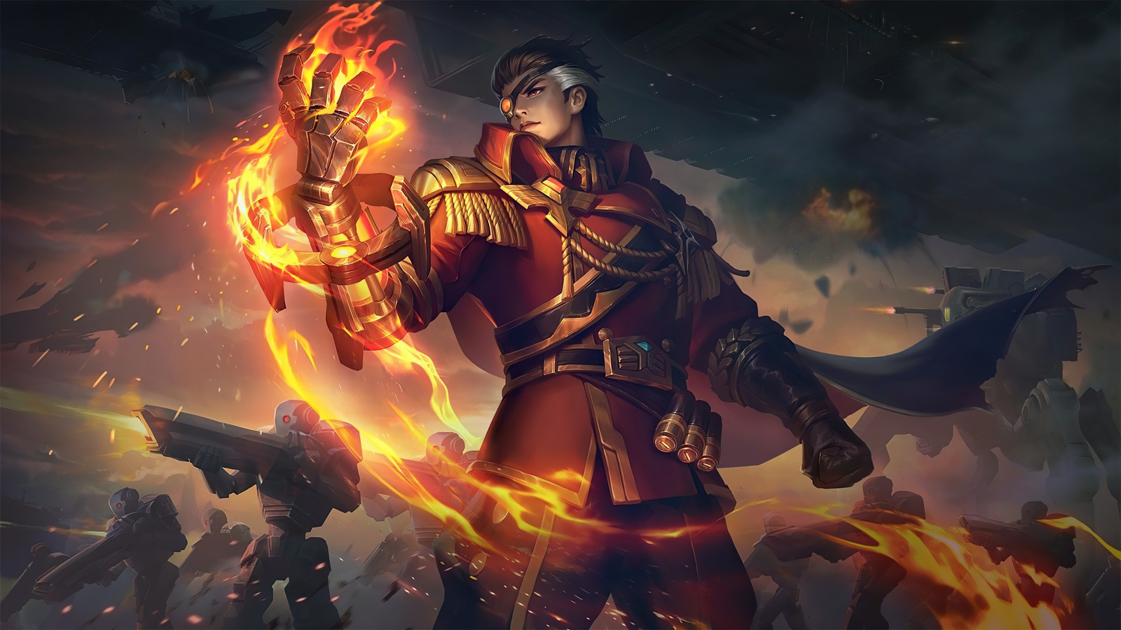 Un homme en tenue rouge tenant une boule de feu (valir, dictator, peau, mobile legends, bang bang)