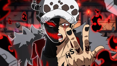 Trafalgar Law en un arte de fan de anime dramático que muestra su dualidad, rodeado de elementos de fuego.