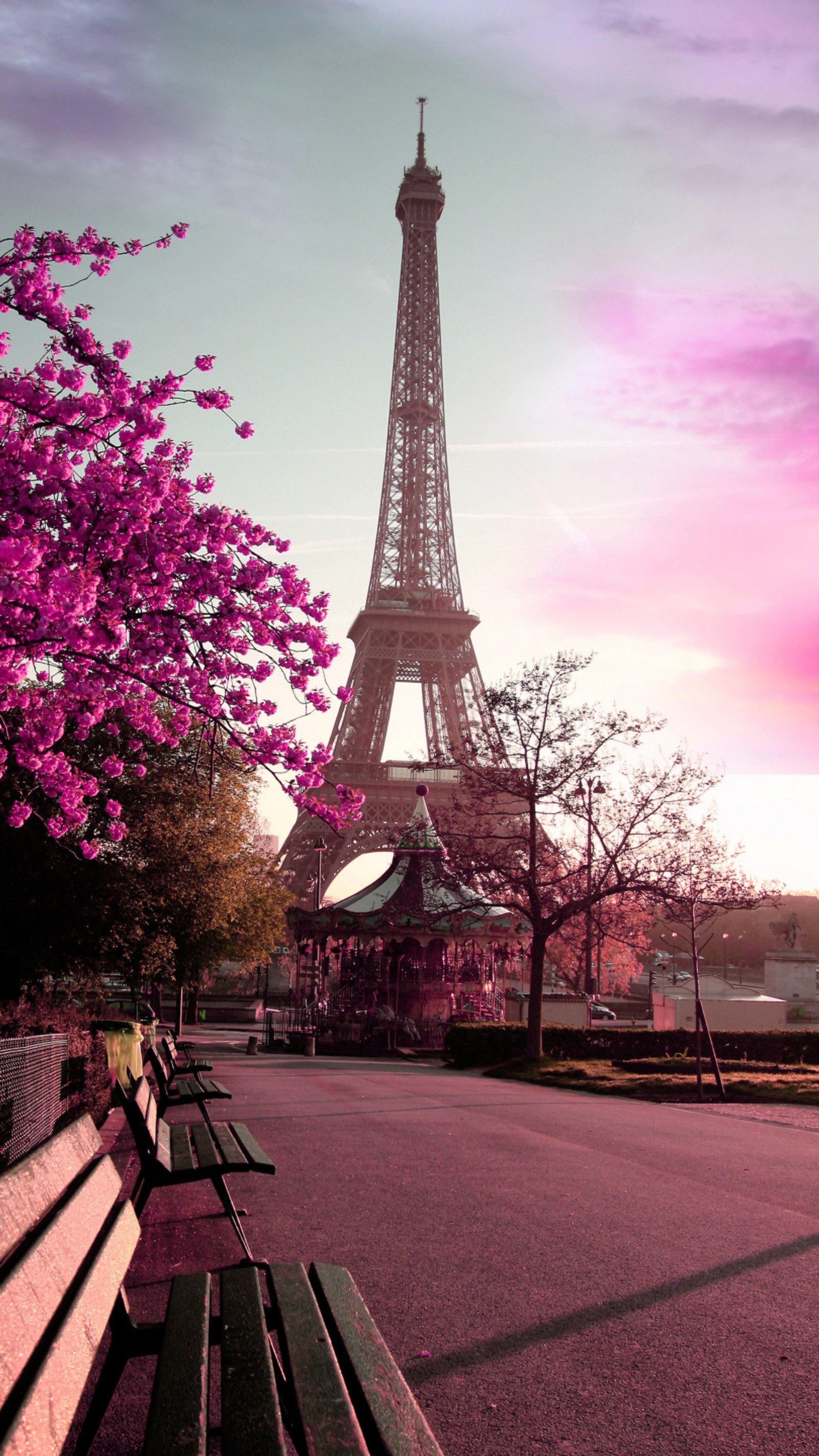 bench, eiffel, paris, road, sky Download Wallpaper