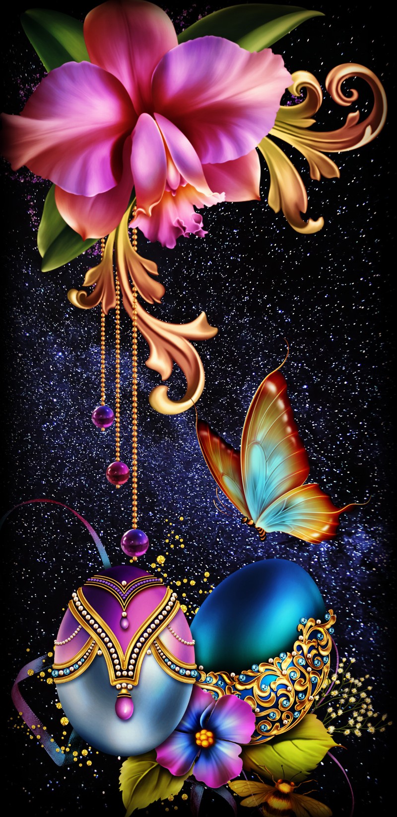 There is a picture of a painting of a butterfly and a flower (butterfly, design, easter, eggs, flowers)