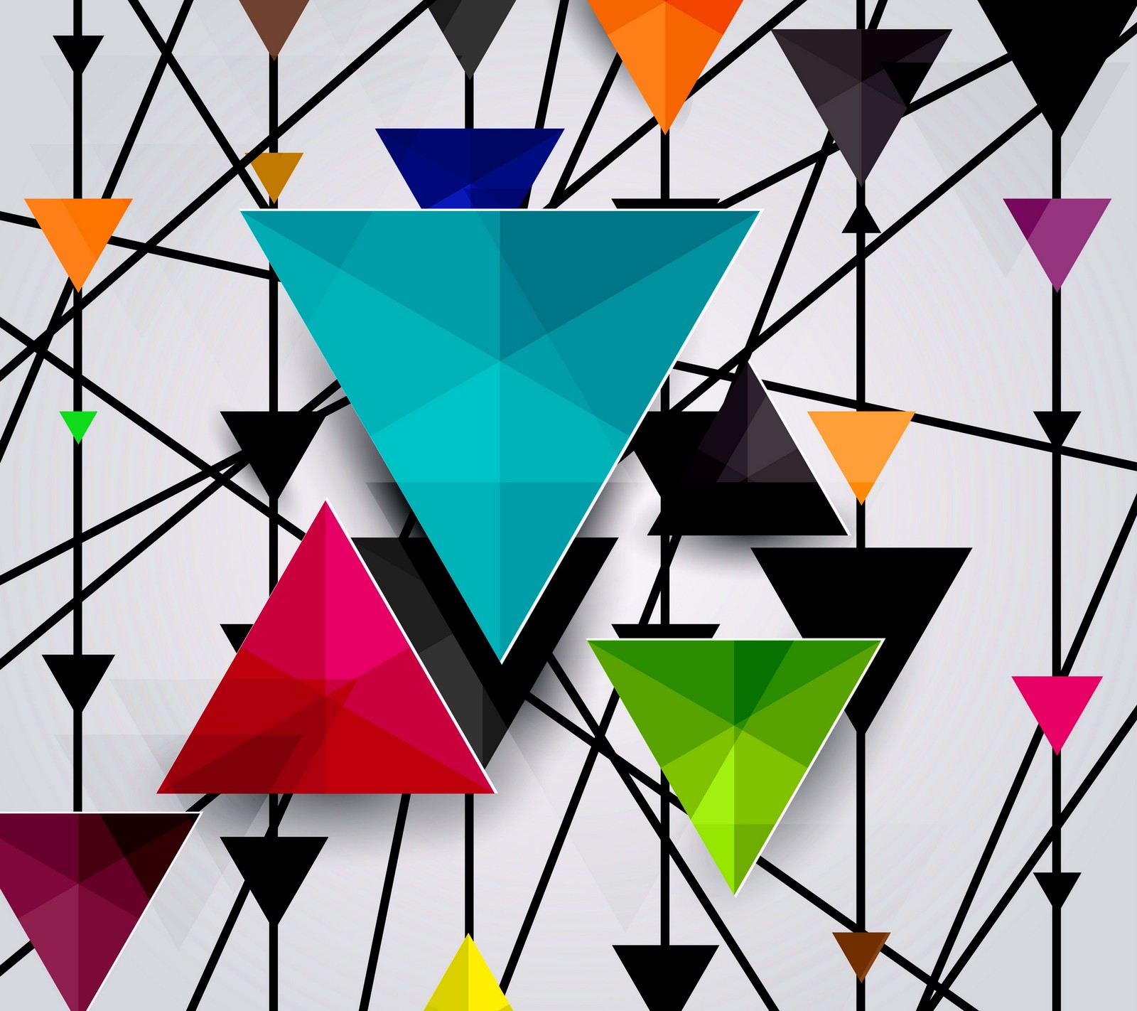 A close up of a triangle with many triangles on it (background, colored abstract, triangles design)